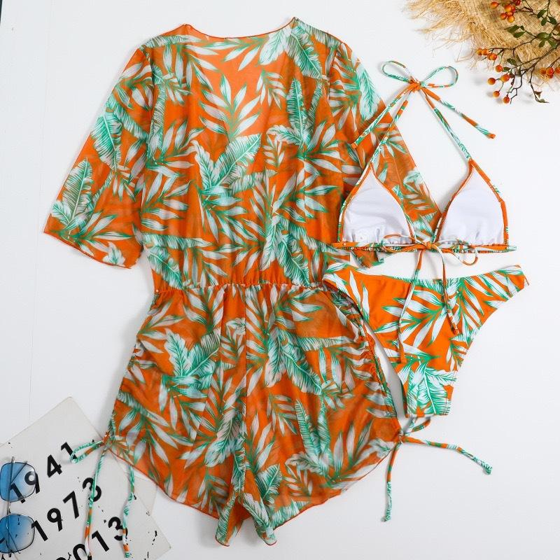 Комплект бикини из 3 предметов, женский купальник с длинными рукавами и тропическим принтом, купальник с лямкой на шее, пляжная одежда, купальный костюм