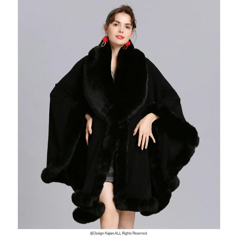 Oversize Winter Big Faux Fox Fur Neck Plus Size Poncho Out Streetwear Women Cloak Pashmina Batwing Sleeves Shawl Coat
