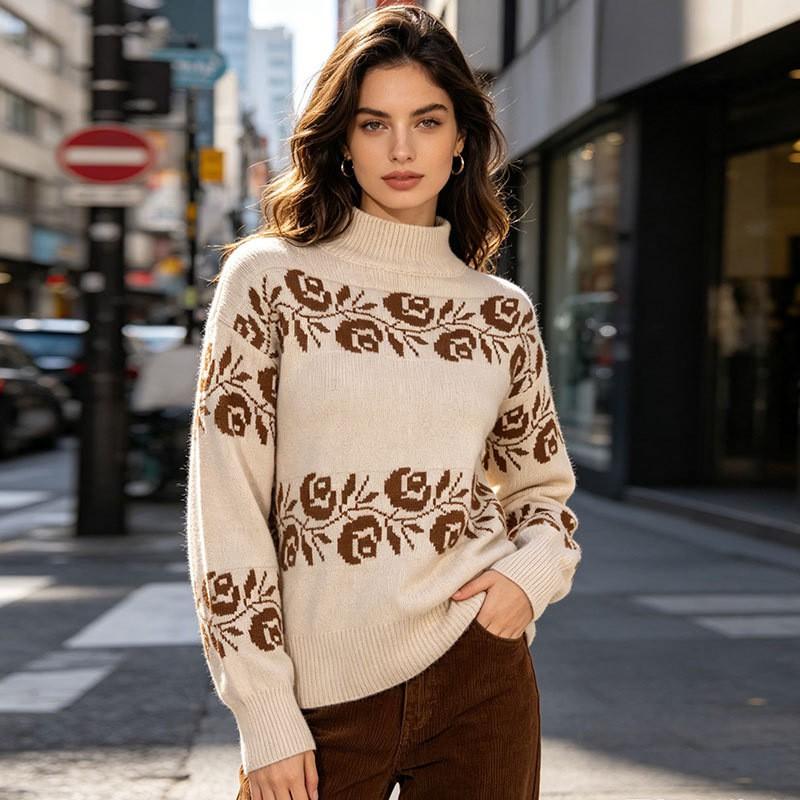 Womens Oversized Knit Sweater With Floral Embroidery Semi-Turtleneck Long Sleeve Casual Top