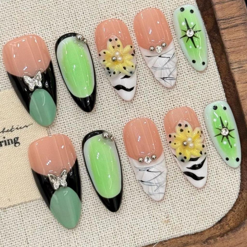 New Arrival Handwork Almond Summer Romantic 3D Flowers Butterfly Fake Nails Sticker Handmade Press on Nails