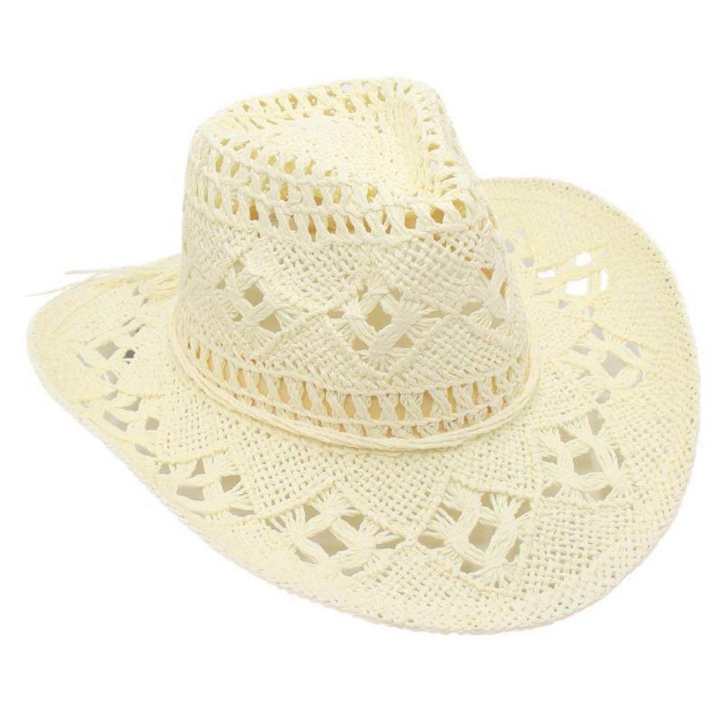 Adult Sun Hat Hand Woven Hollow Cowboy Solid Color Sun Hat Women'S Hat Adjustable Beach Hat