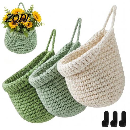 Space Saving Wall Decor 3PCS Woven Hanging Storage Bag, Natural Cotton Rope Fruit Baskets, Decorative for Cosmetics Boho Multi-functional Crochet