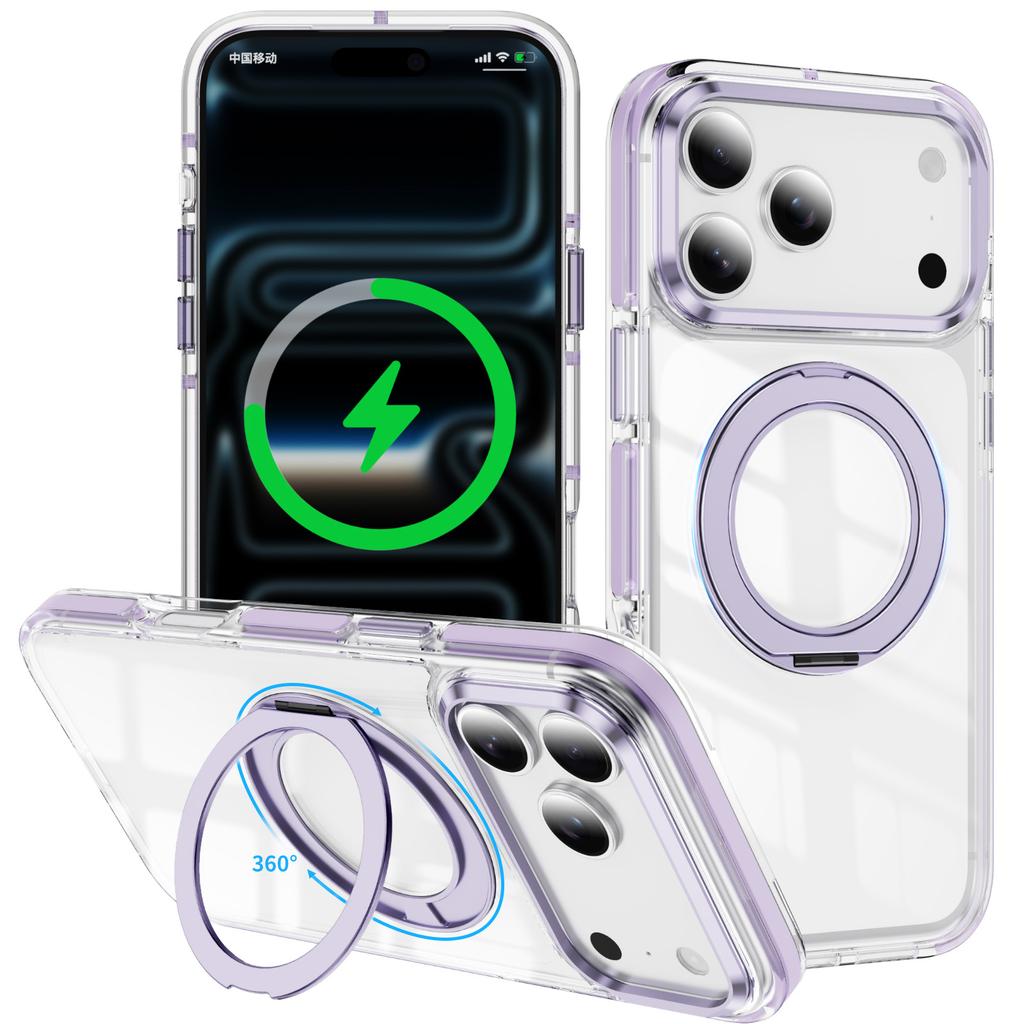 For iPhone 17 Pro Max Case Compatible with MagSafe Rotating Kickstand Shockproof TPU PC Acrylic Clear Phone Back Cover