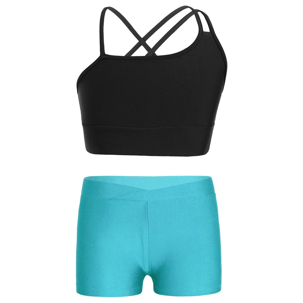 Kids Girls Asymmetrical Strappy Crop Top with Shorts for Sports Gymnastic Workout