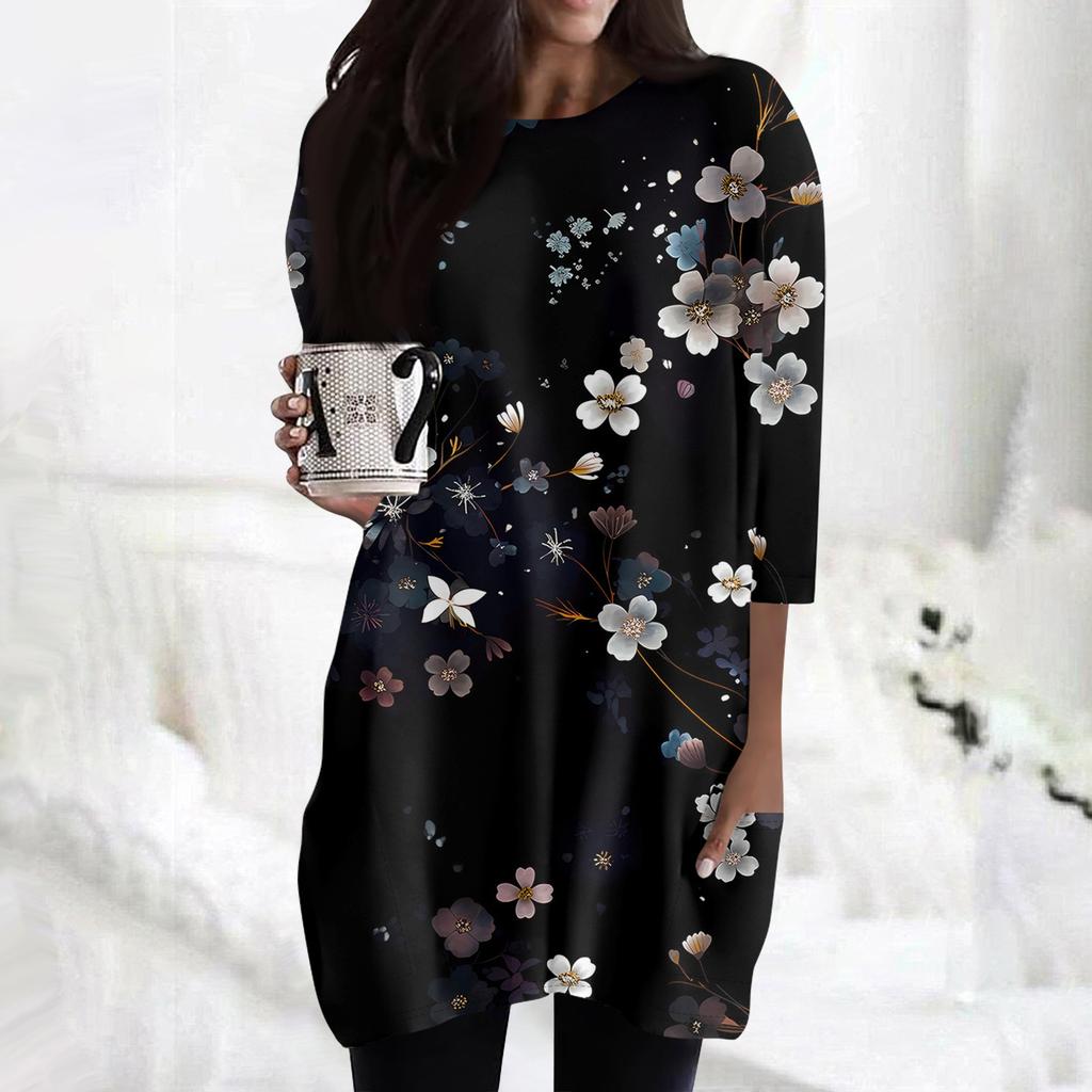 Женская модная повседневная футболка с круглым вырезом и принтом, рукавом 3/4, двойным карманом