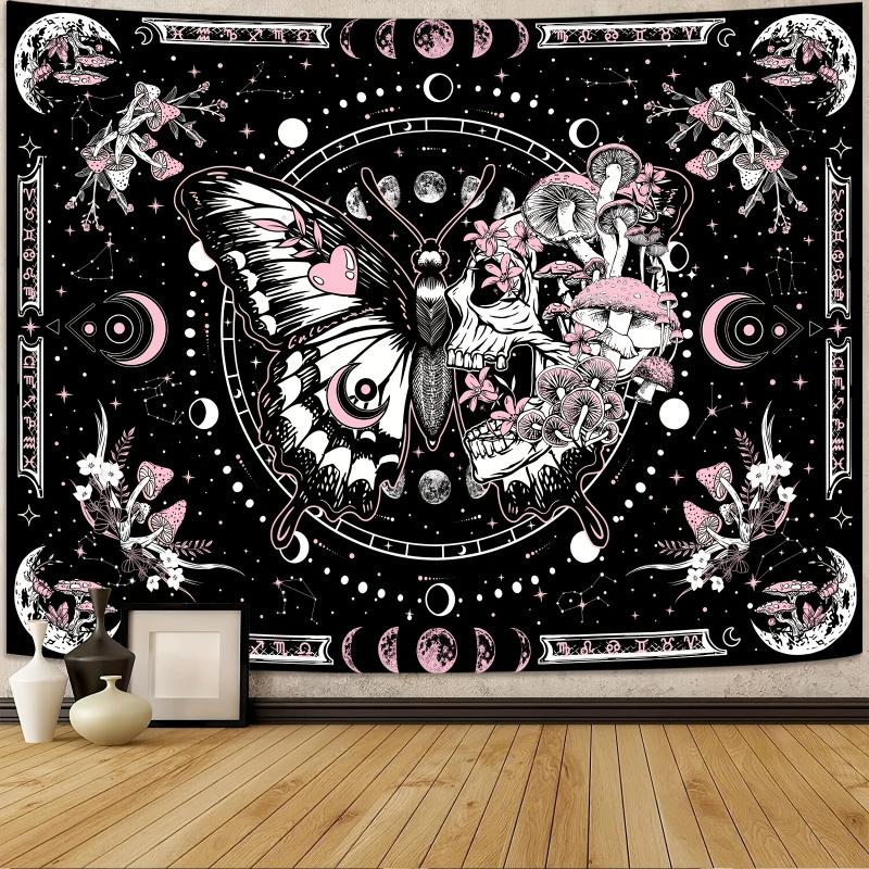 VIKAMA Gothic Butterfly Skull Tapestry Constellation And Mushroom Floral Motif Tapestry Bedroom Wall Decoration