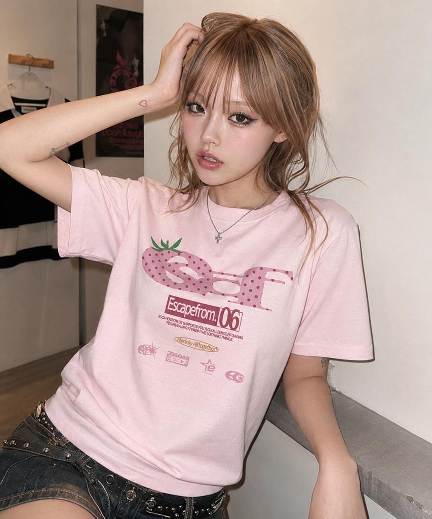 ESCAPEFROM Strawberry Dot Escf Logo Collage Print Oversized Short Sleeve T-Shirt Pink