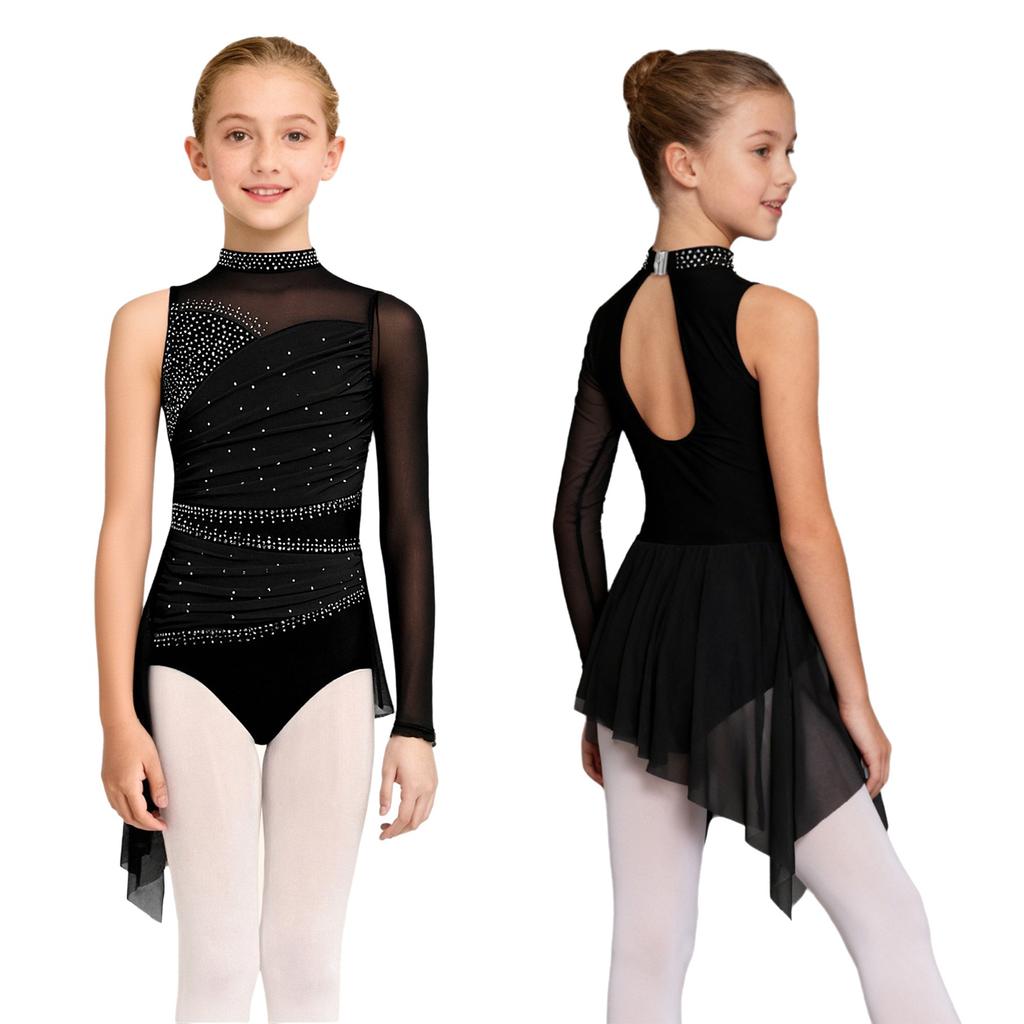 Kids Figure Skating Dress Girls Lyrical Dance Costume Sparkling Rhinestones Leotard with Mesh Skirt for Competition