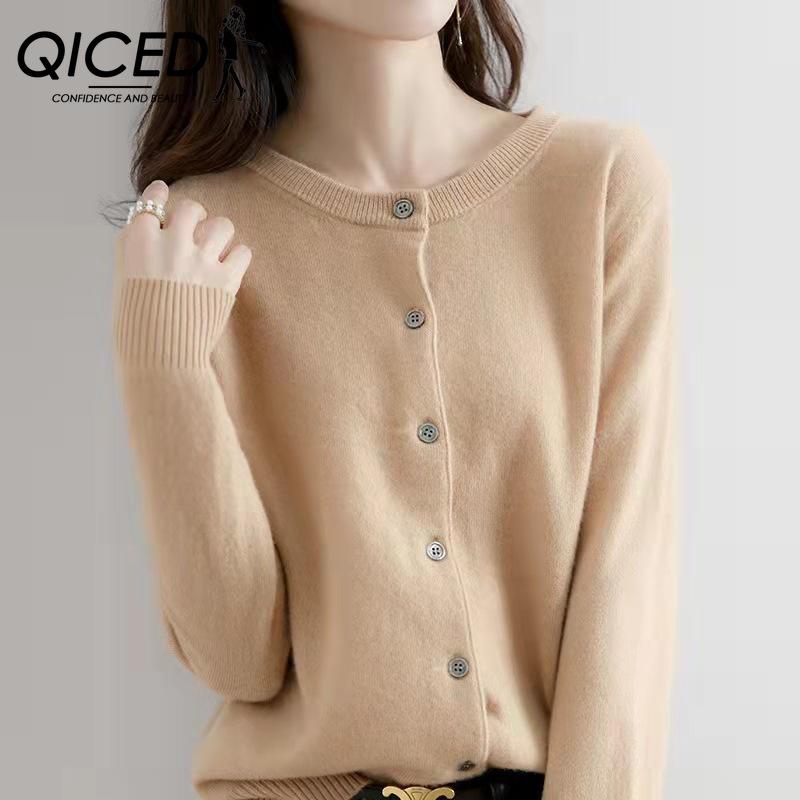 QICED Autumn and Winter O-Neck Knitted Cardigan Women Loose Large Size Sweater Coat Solid Color Bottom Sweater Coat