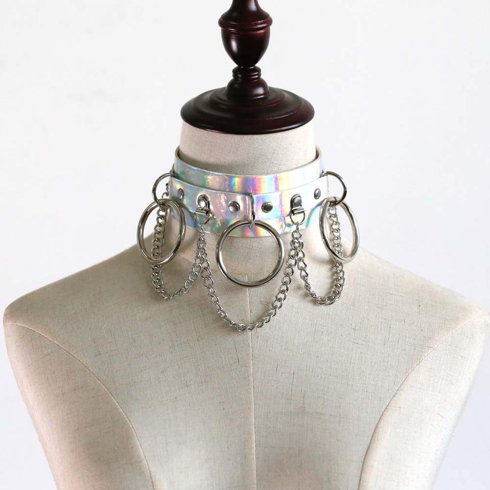 Голографическое Радужное Ожерелье-Чокер Цепочка Панк Кожаный Воротник Женский Голографический Чокер Рейв Фестивальный Костюм Бижутерия