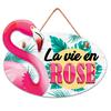 [Q7104] - Wooden Plaque 'Messages' Pink Gray Green (Pink Flamingo - La Vie En Rose) - 26x21 Cm