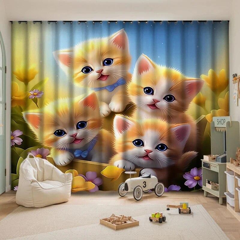 Плотные шторы с милым котом, детская комната, эркер, окно от пола до потолка, простая установка, затенение, тепло, различные узоры