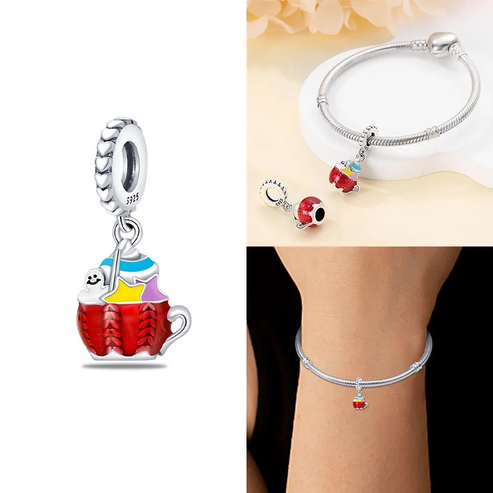 Original Charms Pink Colorful Doughnut Cake Ice Cream Coffee Cup Copper Beads Fit Women Bracelet Jewelry Diy Delicate Gift