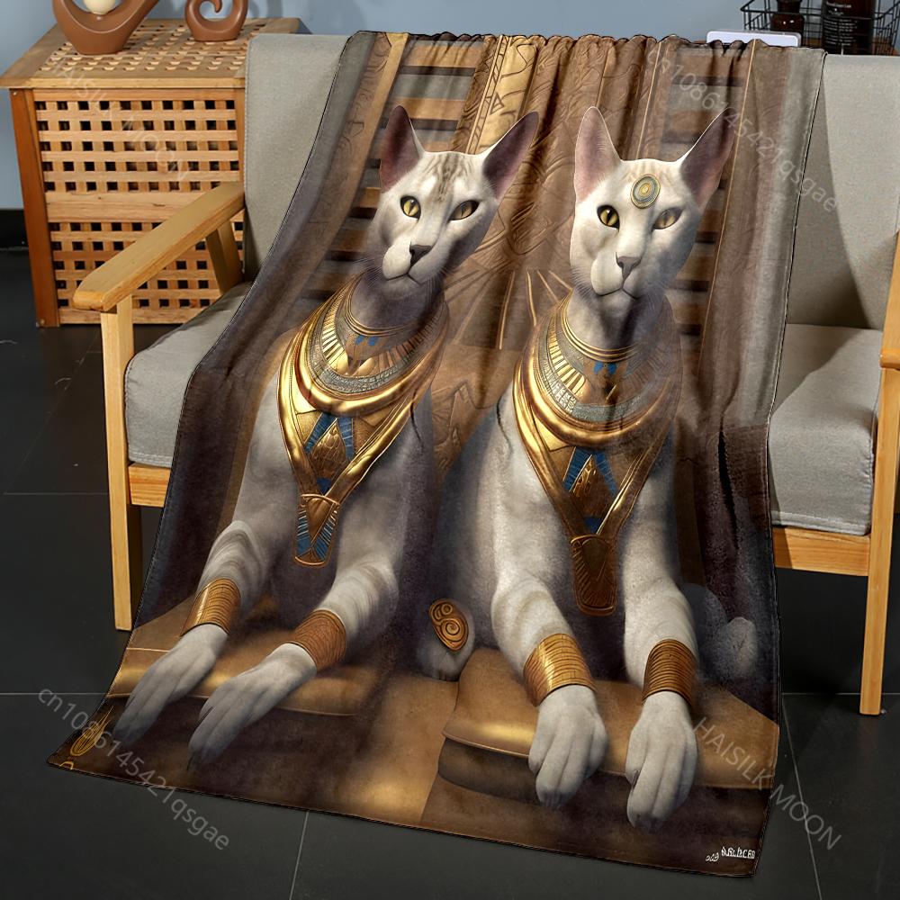 1PC Egyptian themed Cat Statues Pattern Blanket Flannel Material Soft Warm for All Seasons, Home Outdoor Camping Picnics RV