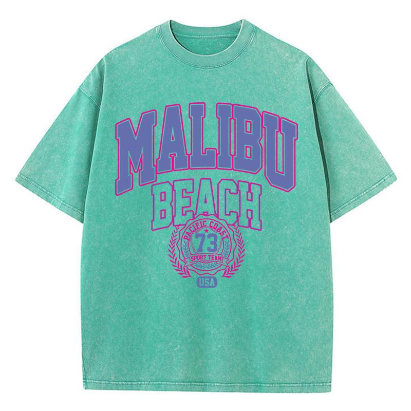Vintage Woman Acid Wash T-Shirts Malibu Beach Pacific Coast Sport Team Prints Tops Crewneck Cotton Oversize Tees Clothes