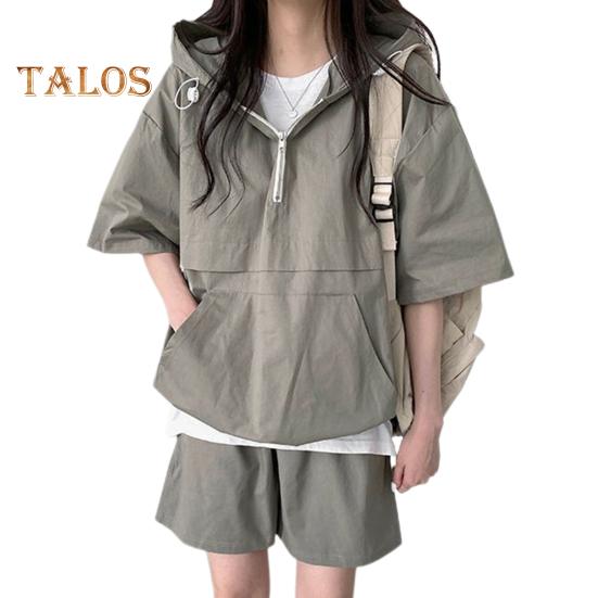 2 шт./компл., женские шорты с капюшоном, комплект с половиной молнии с капюшоном, рукав три четверти, свободный топ с большим карманом, эластичный пояс, короткие штаны, тонкий повседневный спортивный наряд