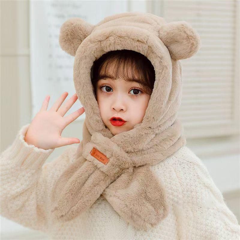 Зимняя детская шапка, шарф, цельная детская шапка из искусственного меха, теплая шапка с ушками в виде медведя из мультфильма для мальчиков и девочек, ветрозащитные шапочки, детские вещи