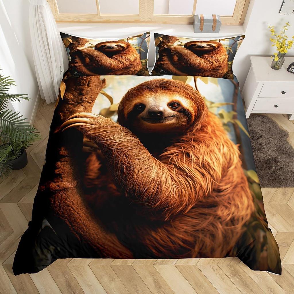 Cute Sloth Duvet Cover Watercolor Floral Bedding Set Lovely Jungle Animal Comforter Cover Twin King Kawaii Sloth Bedspread Cover