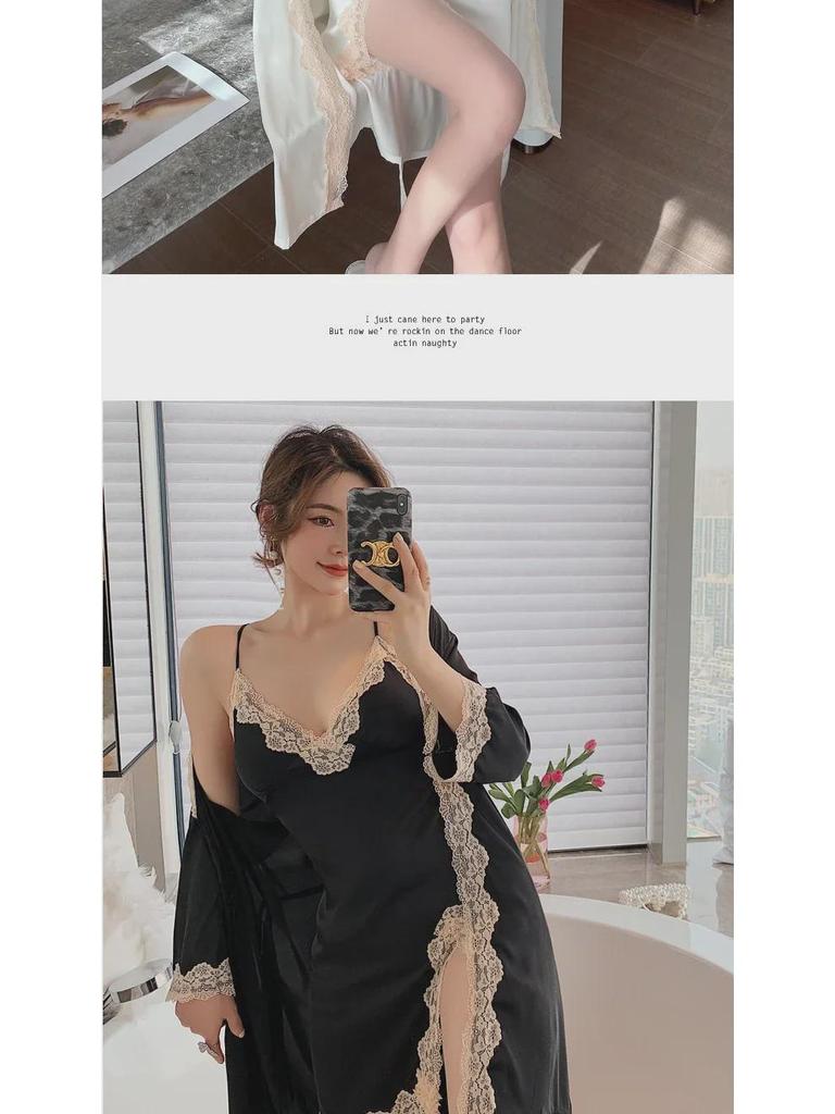 Пижамный комплект из кружева Ice Silk Deep V Backless для женщин