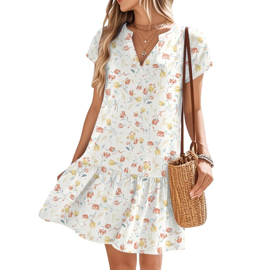 Женские платья с коротким рукавом и V-образным вырезом с цветочным принтом Свободные повседневные пляжные платья в стиле темперамент