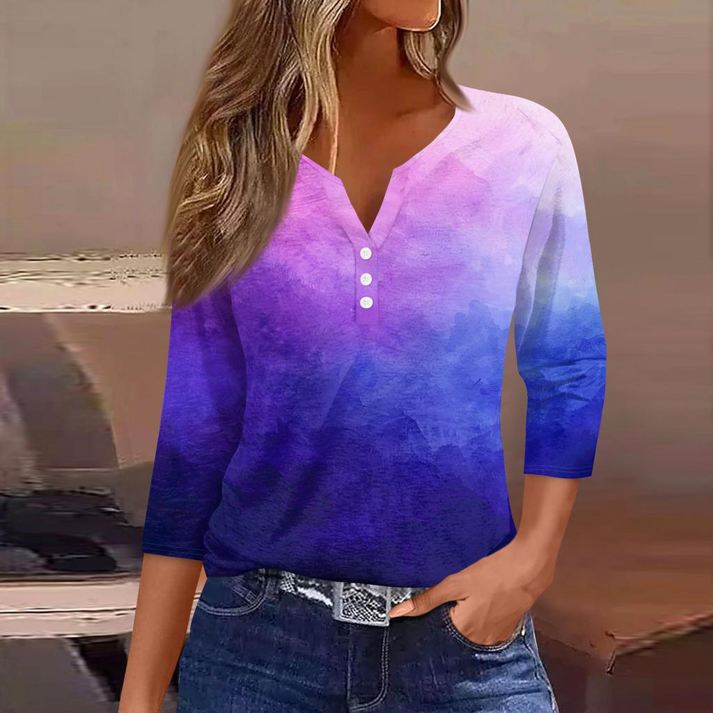 Жен. Футболка Футболка С принтом Пуговицы Рукав 3/4Ежедневно Выходные Мода Классический Топ с v-образным вырезом Обычный