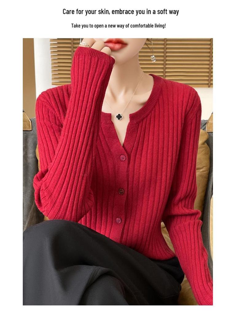 Осенний корейский приталенный кардиган из шерсти с V-образным вырезом - Женский с длинным рукавом, свободного кроя