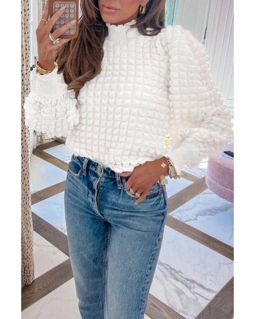 Azura Exchange White Textured Smocked Mock Neck Puff Sleeve Blouse
