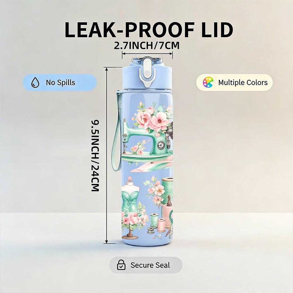 1PC Vintage Coffee Tea Cup Floral Print 750ml Color Plastic Sports Water Bottle Leakproof Flip Straw Lid Suitable for Sports Office Home Use
