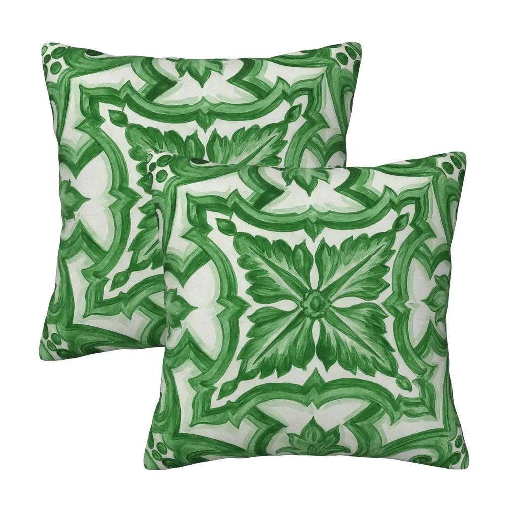 Green Ornate Floral Mediterranean Sicilian Tile 2 Pcs Square Pillowcase Pillow Cover Cushion Decor Comfort Throw Pillow For Home