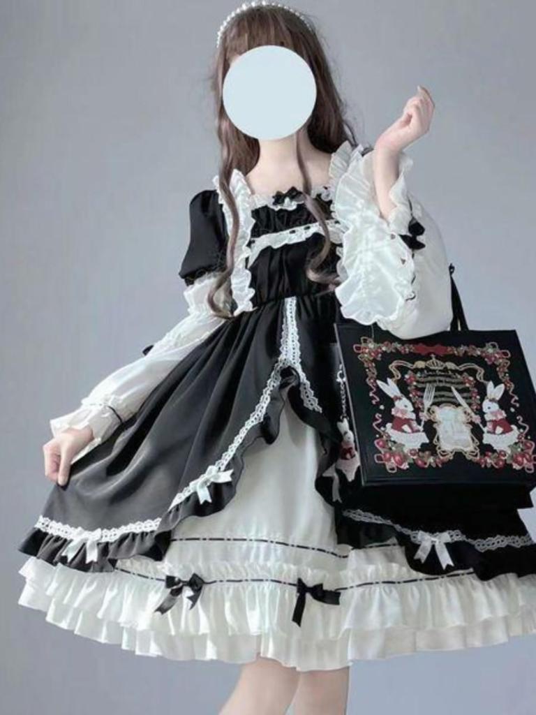Jundakara Princess Sleeve Dress with and Removable Arm Cute Ruffles and Lolita Girly Student Black and Size M Women's Lace-Up Covers, Ribbons, A-Line,
