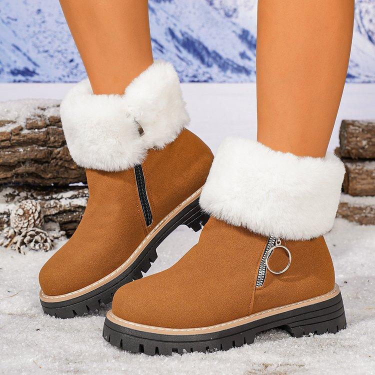 Large Size Women's Cotton Shoes Autumn and Winter New Round Head Square Heel Thickened Velvet Side Zipper Sewn Shoes Snow Boots