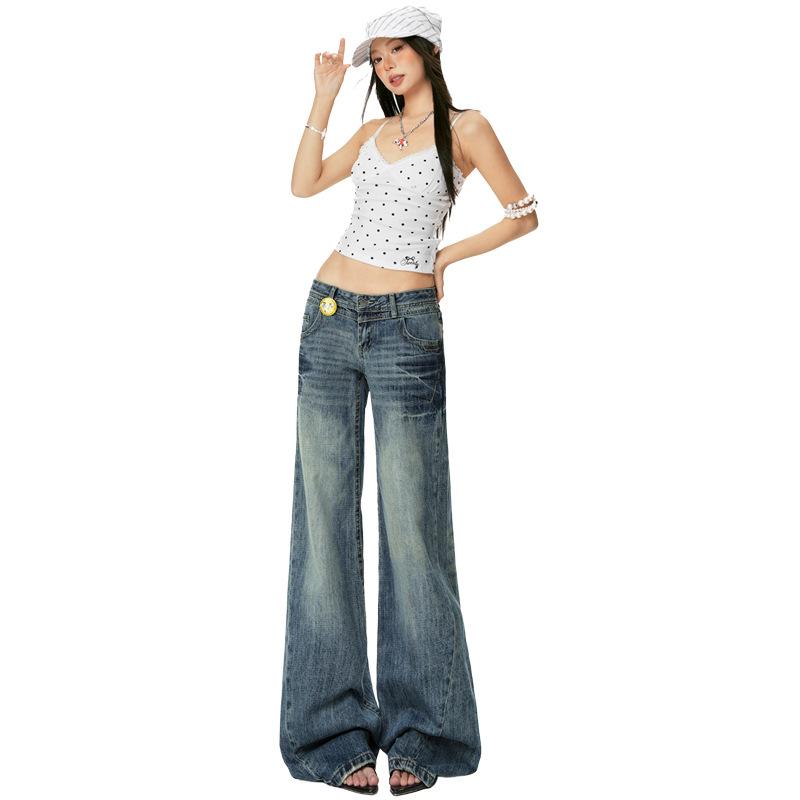 American loose and slightly pulled jeans women's spring babes low-rise and thin wide-leg floor-mopping flared pants