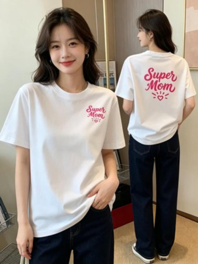 Super Mom Print Tshirt Mothers Day Gift Pink Letter And Heart Graphic Short Sleeve Round Neck Casual Tops Unisex All Season Tee