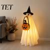 Soft Fabric Witch Dress Halloween Glowing Ghost Costume with Hat & Pumpkin Tote Bag, LED Cosplay for Kids Light Up Outfit Kids, Spooky Party And Yard