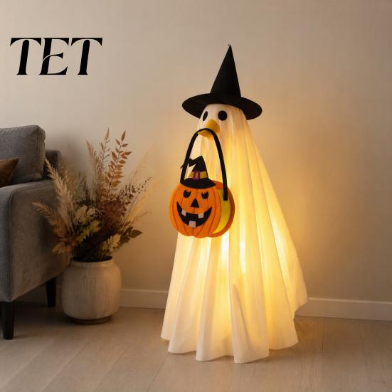 Soft Fabric Witch Dress Halloween Glowing Ghost Costume with Hat & Pumpkin Tote Bag, LED Cosplay for Kids Light Up Outfit Kids, Spooky Party And Yard