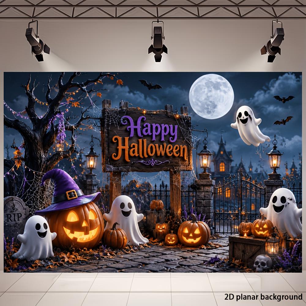 2D flat Halloween party banner background. Halloween theme featuring glowing pumpkin lanterns and ghosts.
