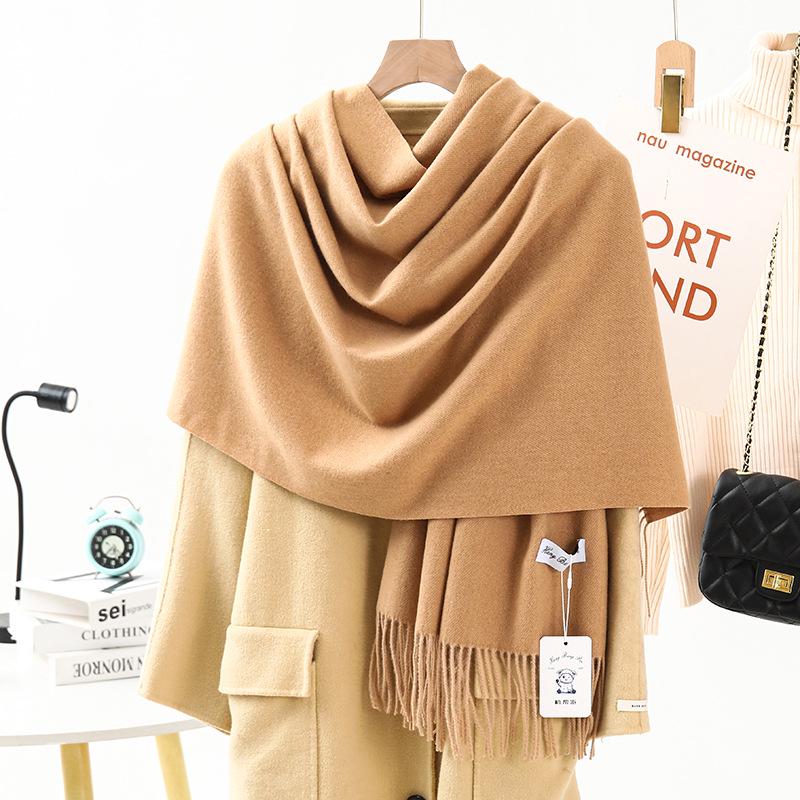 Women's Warm Wool-Feel Faux Cashmere Scarf - Thick, Plain Color Shawl for Autumn/Winter