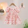 Girls Summer Short Sleeve Chiffon Floral Dress Korean Style Baby Kids Gauze Princess Casual Beach Dresses with Headband