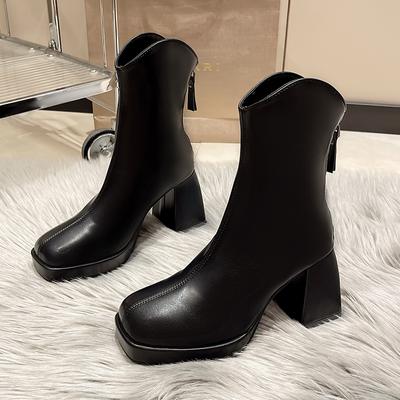 Модные женские ботинки с квадратным носком в британском стиле, осенне-зимние, с молнией сзади, на толстом высоком каблуке, офисная обувь Botas Mujer