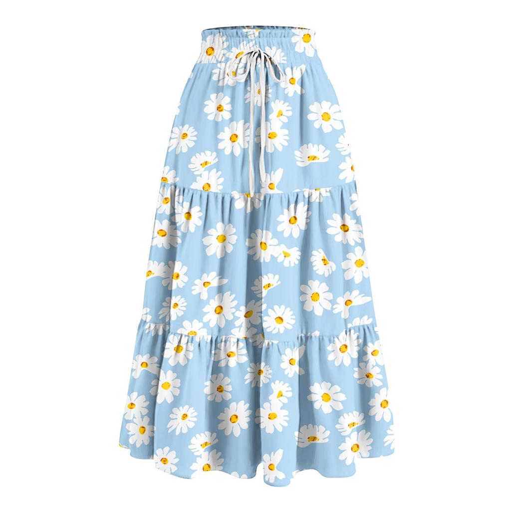 Women's Ruffled Spring Casual Long Skirt Plain Color Skirt Retro Pleated Skirt