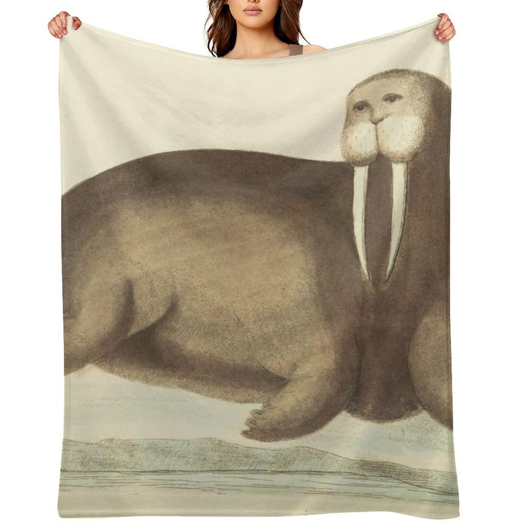 Винтажная иллюстрация моржа Плед теплый для зимы Пушистый декоративный для кроватей Термоодеяла