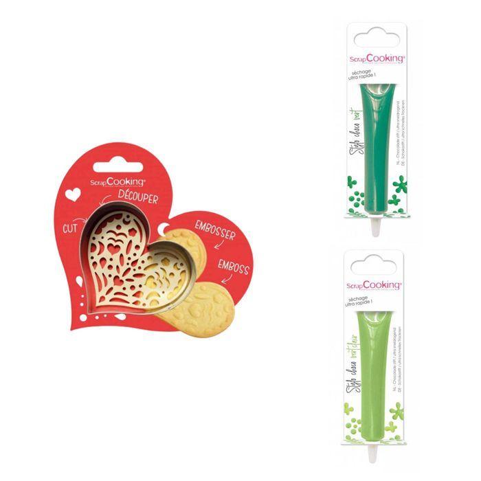 Heart Embossed Biscuit Kit + 2 Green and Light Green Chocolate Pens