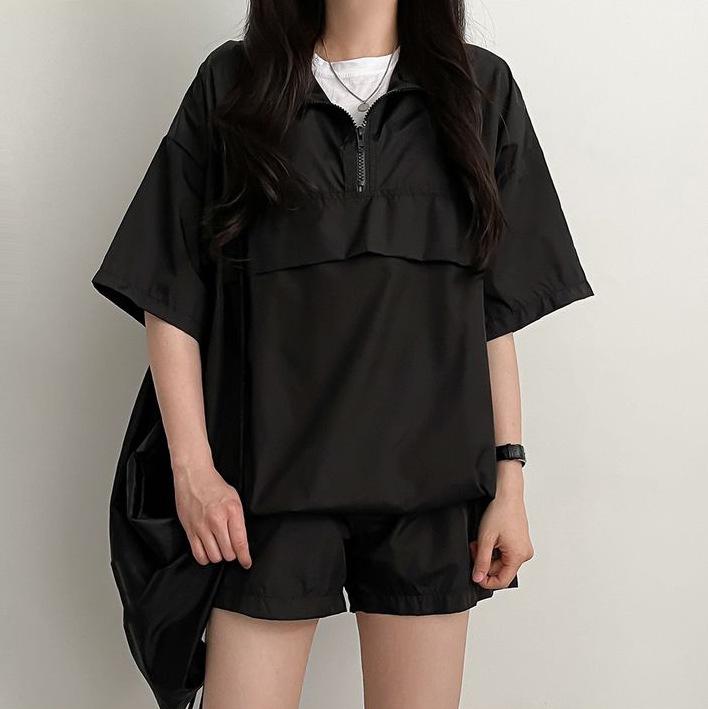 Два предмета свободный женский комплект женский летний спортивный костюм комплект с застежкой-молнией отложной воротник высокая талия шорты одежда