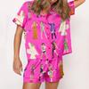2 Pcs/Set Summer Pajama Set Country Music Singer Fans Sleepwear Satin Lapel Button-down Shirt Shorts Set Loose Elastic Waistband Shorts Pajama
