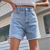 Summer Women Shorts High Waist A-line Loose Ripped Edge Button Zipper Closure Multi Pockets