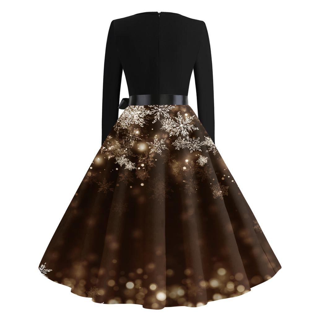 Women's Casual Fashion V-neck Long Sleeved Retro Christmas Print Retro Dress
