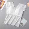 Women Lace Top Mesh Sheer Short Sleeve V Neck Undershirt with Padded Bra Floral Lace Tank Top Summer Casual Basic Shirt