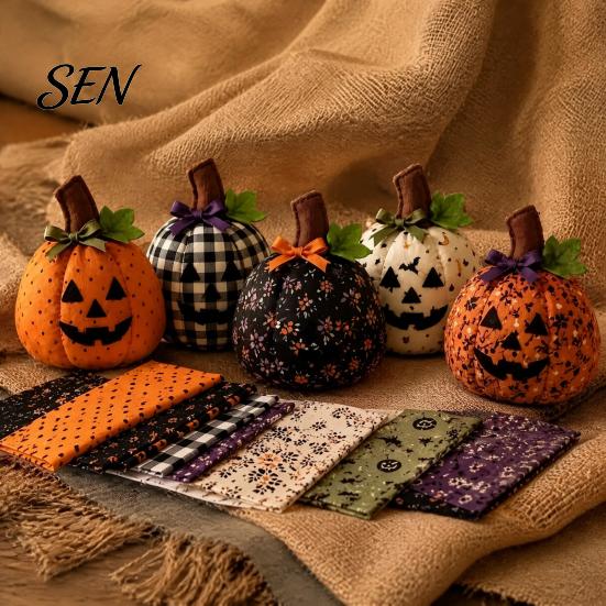 Decorative Pumpkins Cloth for Home Fall Quilting Fabric Patchwork Pumpkins, Square Autumn Precut Quilted Fabric, Vintage Polka Rustic Table