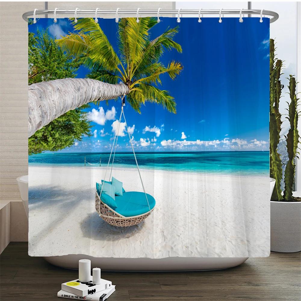 Waterproof Shower Curtain For Bathroom Sunny Sea Beach landscape Print Bathtub Curtains Polyester Bathroom Curtain with 12 Hooks