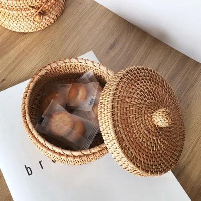 Плетеная из ротанга коробка для хранения с крышкой Плетеная корзина для чая, еды, пикника, хлеба, фруктов, торта Кухонный органайзер B